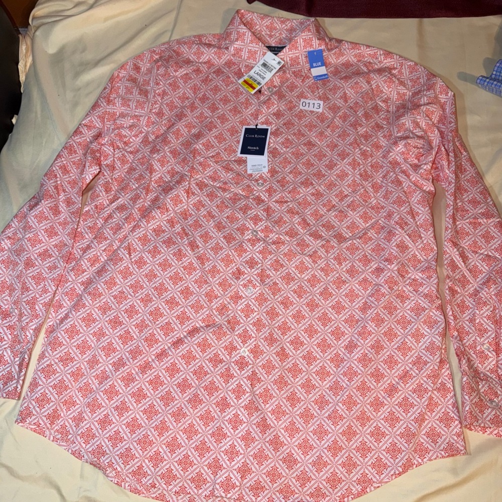 NWT Club Room Mens L Stretch Button Down Shirt Zinna Orange Geometric Medallion